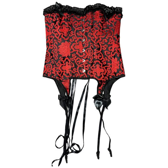 Red & Black Brocade Corset with Garter Straps - Gothic Burlesque Style - Size XL - Picture 6 of 10